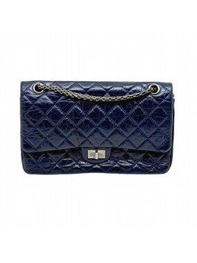 Chanel 2.55 Large Flap Shoulder Bag Aged Calfskin Navy Silver Mademoiselle Lock
